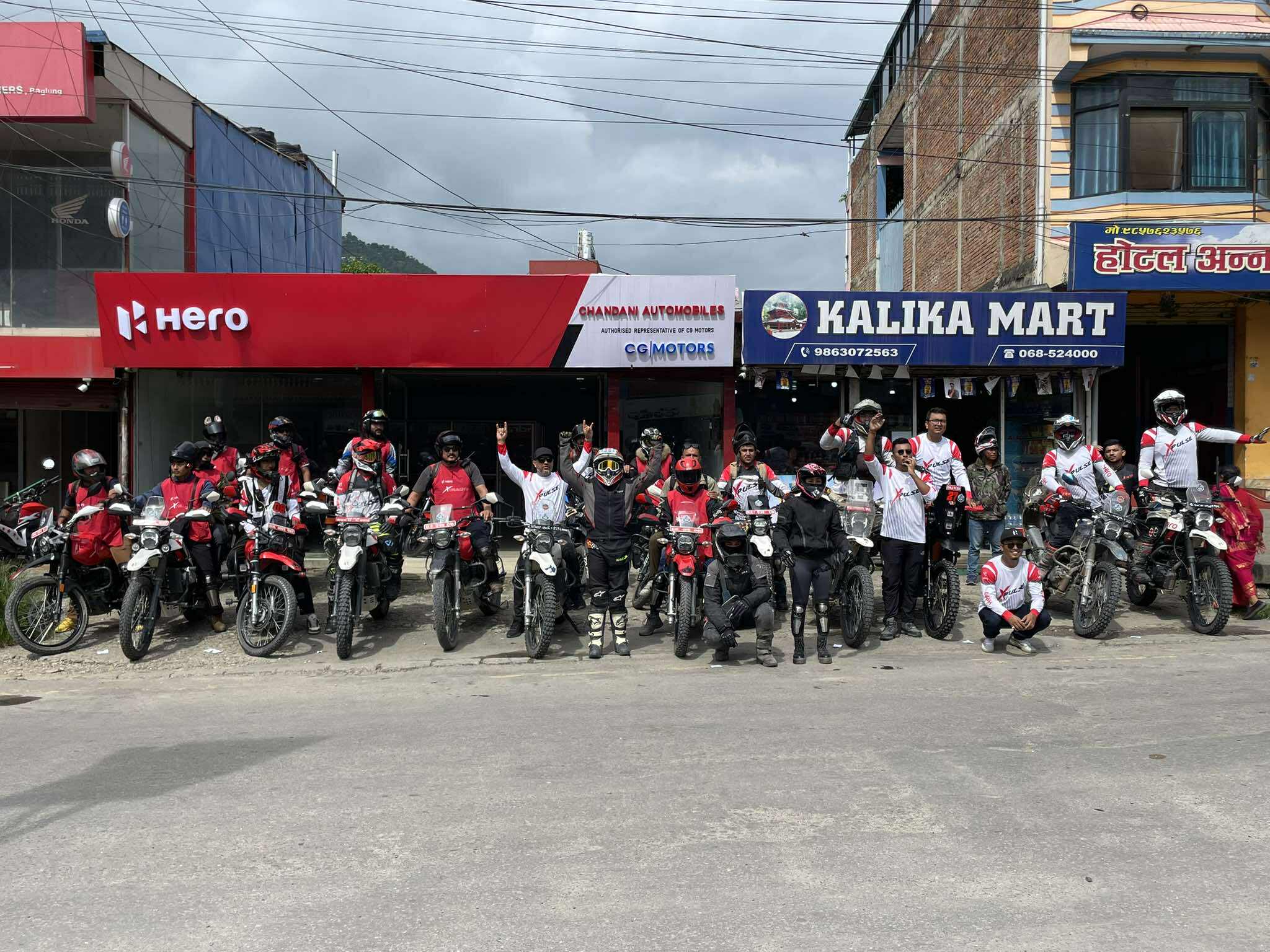 A photo taken at Baglong Bazaar as a team of Nepal's most famous motovloggers and riders set out on a journey to Dhorpatan.